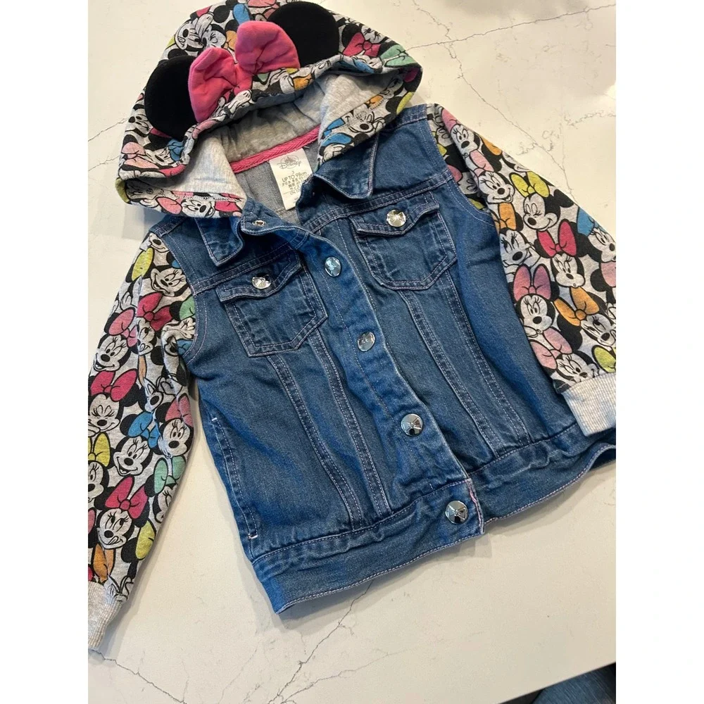 Disney Minnie Mouse Denim Jacket Blue Hooded 3D Ears Bow Toddler Girls 3T‎ bin B